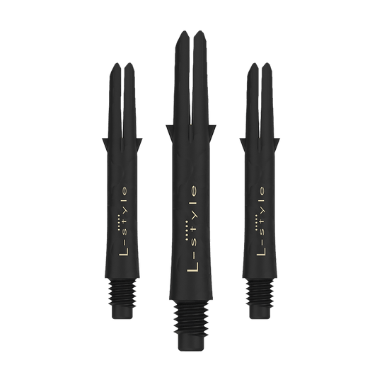 Wałki karbonowe w stylu L Das Bild zeigt drei schwarze L-Style Carbon Shafts für Darts ohne Kappen. Auf den Schäften steht in goldener Schrift das Wort "L-style".