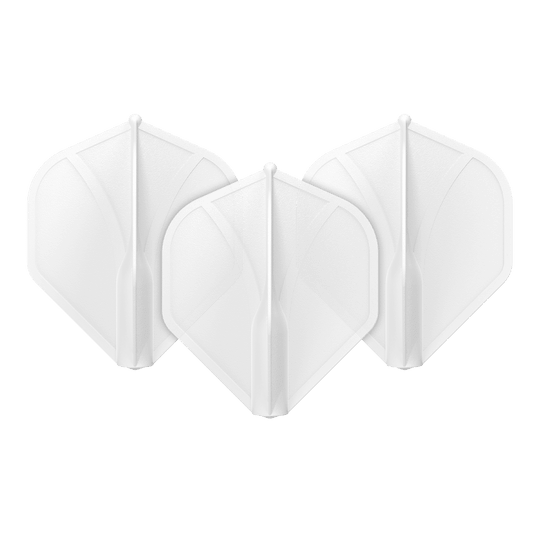 Profil aérodynamique moulé n°2 Vols standard Auf dem Bild sind drei klare, weiße Dart-Flights zu sehen. Sie sind nebeneinander aufgestellt und haben eine klassische, rautenähnliche Form.