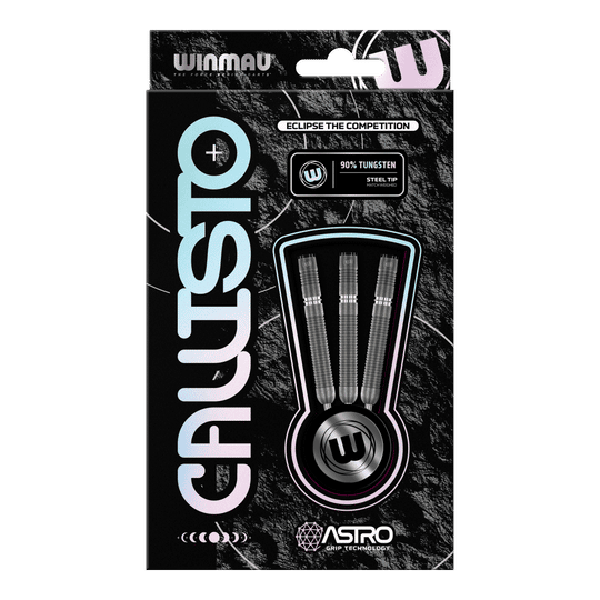 Winmau Callisto 01 Steeldarts Das Bild zeigt eine Verpackung der "Winmau Callisto 01 Steeldarts". In der Mitte sind drei Darts mit Stahlspitze und 90% Tungsten-Anteil sichtbar.
