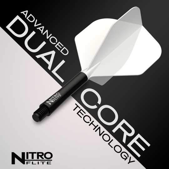 Red Dragon Nitro Flite Solid White and Black Short Das Foto zeigt Red Dragon Nitroflite Black Shaft White Flights No2. Es ist ein Dart-Schaft in Schwarz und weiße Flights abgebildet.