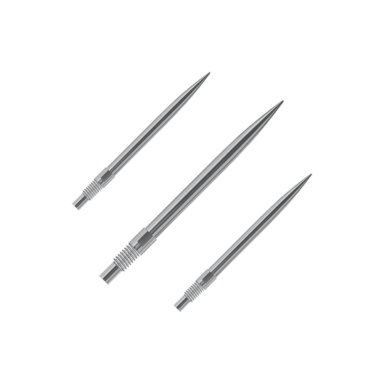 Gezeigt wird ein Set Harrows QuickPoint Dartspitzen in Silber mit 30mm Länge. Dieses Bild verdeutlicht den Lieferumfang der Dartspitzen.