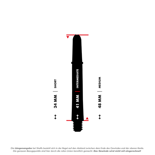 Target Pro Grip TAG Shafts - 3 Sets - Red Das Bild zeigt drei verschiedene Längen von Target Pro Grip Shafts: Short (34 mm), Intermediate (41 mm) und Medium (48 mm). Die roten Linien markieren die Messpunkte der Längenangabe, das Gewinde wird nicht mitgerechnet.