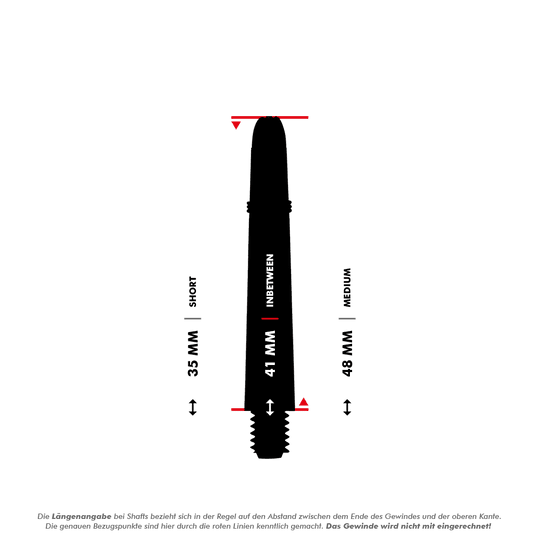 Shot Koi Carbon Shafts - Rosso Das Bild zeigt einen Dart-Schaft mit einer Länge von 41 mm, der als "Inbetween" bezeichnet wird. Die roten Linien markieren, dass die Längenangabe ohne das Gewinde gemessen wird.