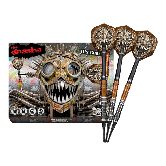 Shot Gnarly Gnasha Soft Darts - 20g Das Foto zeigt die vollständigen Shot Gnarly Gnasha Softdarts - 20g. Diese Softdarts zeichnen sich durch ein modernes Design aus.