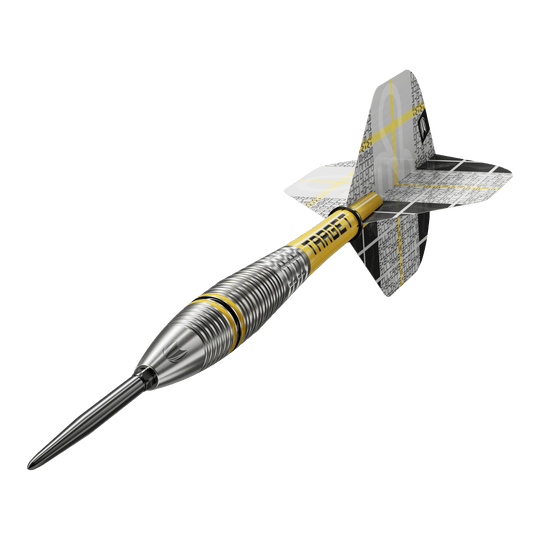 Dardos de acero Target Scott Williams GEN2 Swiss Point Auf dem Bild ist ein Target Scott Williams GEN2 Swiss Point Steeldart zu sehen. Der Dartpfeil hat ein silbernes, geriffeltes Barrel und gelbe Akzente sowie moderne Flights.