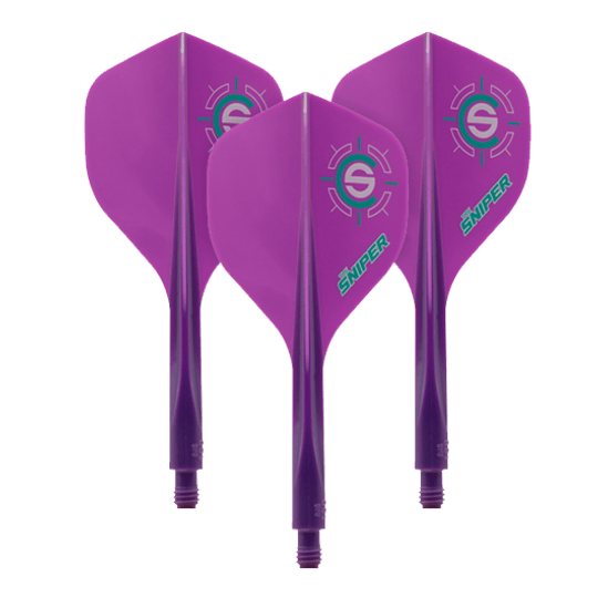 Condor Axe 120 Connor Scutt Sniper Purple Flight-System - Standard Das Bild zeigt drei lila Dartflights mit dem Aufdruck "Sniper" und einem Zielsymbol. Es handelt sich um das Produkt "Condor Axe 120 Connor Scutt Sniper Purple Flight-System - Standard".