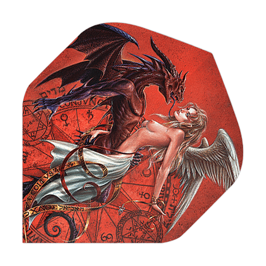 Alchemy Chemical Wedding No2 Standard Flights Das Bild zeigt eine kunstvolle Darstellung eines Drachens und eines Engels, die sich eng gegenüberstehen. Im Hintergrund sind mystische Symbole auf einem roten Untergrund zu sehen.