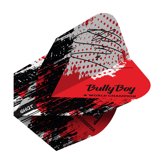 Zastřelen Michael Smith Bully Boy Game Day No6 Flights Das Bild zeigt die "Shot Michael Smith Bully Boy Game Day No6 Flights" mit einem rot-schwarzen Design und Unterschrift. Auf dem Flight steht "Bully Boy World Champion" und das Shot-Logo ist sichtbar.