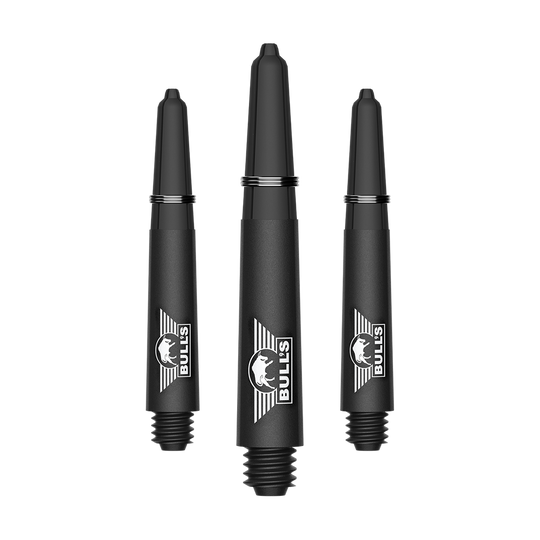 Ein Bild mit dem Dateinamen BU55340_BullsNL_Capo_Carbon_Shafts_Schwarz_Short_34mm_1Set. Es handelt sich vermutlich um ein Set aus kurzen schwarzen Carbon-Shafts für Darts.