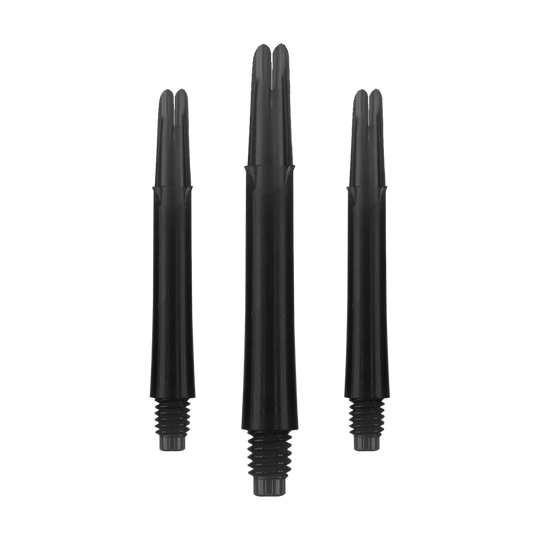L-Style L-Shafts Locked Straight - Black 260 Auf dem Bild sind drei schwarze, gerade Dartshafts ohne Kappen zu sehen. Sie haben ein Gewinde am unteren Ende und sind jeweils 39 mm lang.