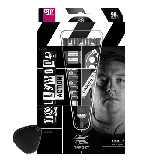 Target Chris Dobey Hollywood Action Swiss Point Steeldarts Die Abbildung zeigt die Verpackung der "Target Chris Dobey Hollywood Action Swiss Point Steeldarts". Auf der Verpackung sind die Darts, der Produktname und ein Porträt einer Person zu sehen.
