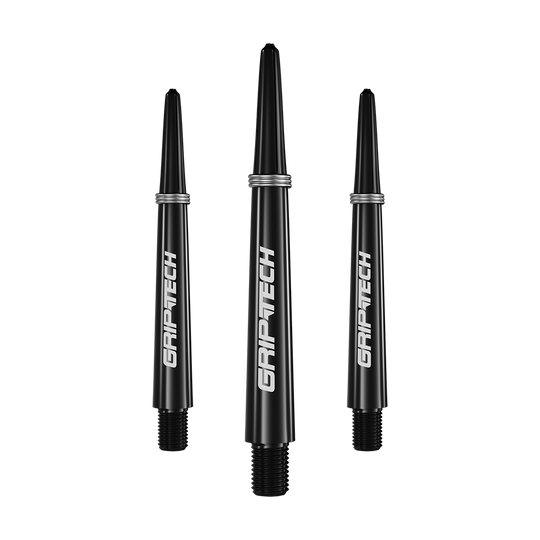 Alberi GOAT Griptech - Neri Das Bild zeigt drei schwarze Dart-Schäfte mit der Aufschrift "GRIPTECH" in weißer Farbe. Sie sind schlank geformt und haben silberne Ringe am oberen Ende.