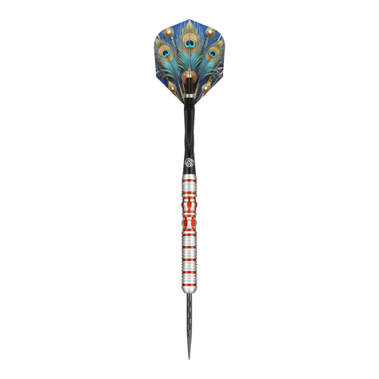 Disparo de dardos de acero Juno del Imperio Romano Das Bild zeigt den Shot Roman Empire Juno Steeldart. Der Dart hat eine auffällige Flight mit Pfauenfeder-Design und einen silber-roten, strukturierten Schaft.