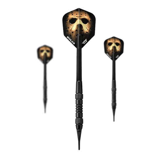 Dardos blandos Bulls NL Thriller Black Brass - 18 g Hier sieht man das Set Bulls NL Thriller Black Brass Softdarts - 18g. Das Set umfasst mehrere Softdarts in schwarzer Optik.