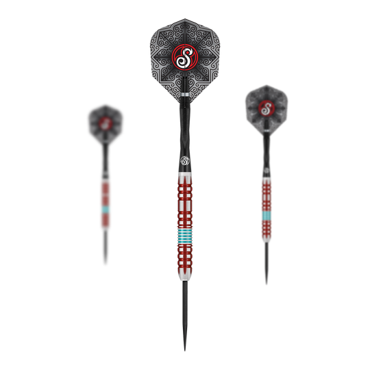 Dardos de acero Shot Collab Pro Series Josh Pearson - 23 g Shot Collab Pro Series Josh Pearson Steeldarts - 23g. Das Bild zeigt ein Set von Steeldarts mit einem Gewicht von 23 Gramm.
