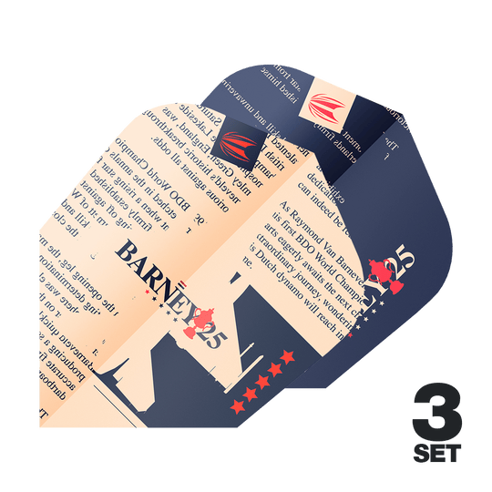 Cíl ProUltra Raymond Van Barneveld Barney25 Ten-X Flights Das Bild zeigt drei Dart-Flights mit dem Aufdruck "BARNEY25" und einem speziellen Design. Unten rechts steht "3 Set" als Hinweis auf die Anzahl der Sets.