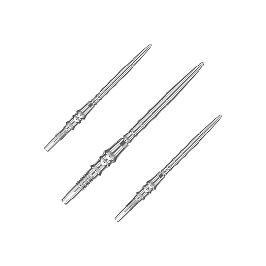 Das Bild zeigt ein Set silberner SwissPoint-Dartspitzen mit 35 mm Länge. Diese Dartspitzen stammen aus der Target Japan Premium Kollektion.