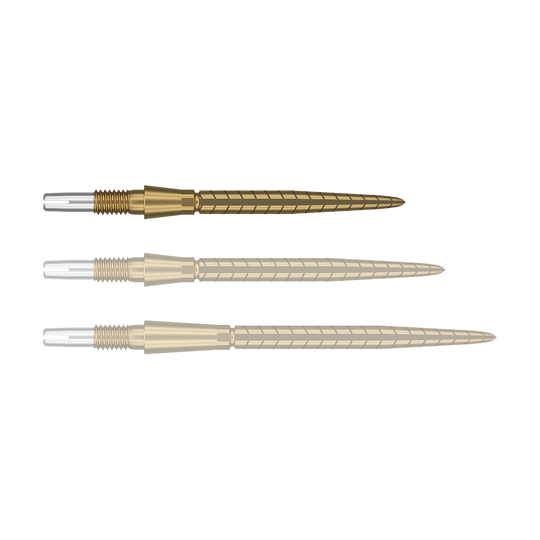 Target Swiss Storm Quartz Dartspitzen - Gold Auf dem Bild sind drei goldene Dartspitzen in einer Reihe zu sehen. Sie haben ein spiralförmiges Muster und am hinteren Ende einen silbernen Abschnitt.