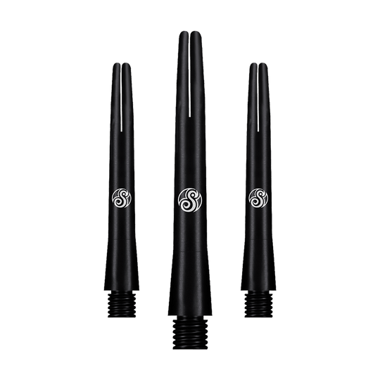 SM3809-I_Shot_Aluminium_Shafts_Black_41mm_1 Das Bild zeigt drei schwarze Aluminium-Schäfte für Dartpfeile. Sie haben ein schlichtes Design mit einem weißen Logo in der Mitte.