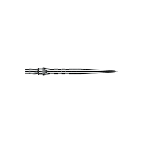 Das Bild zeigt eine silberne Winmau Switch Point Groove Steeldartspitze mit einer Länge von 30mm. Die Dartspitze hat eine strukturierte Oberfläche und ist aus Metall gefertigt.