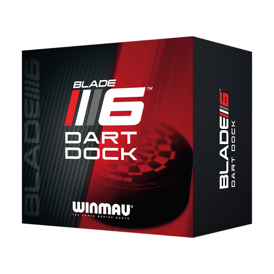 8413_Winmau_Dart_Dock_Blade_6_Dartst-nder_3 Die Verpackung zeigt den Winmau Dart Dock Blade 6 Dartständer. Das Design ist in Schwarz und Rot gehalten und hebt den Produktnamen deutlich hervor.