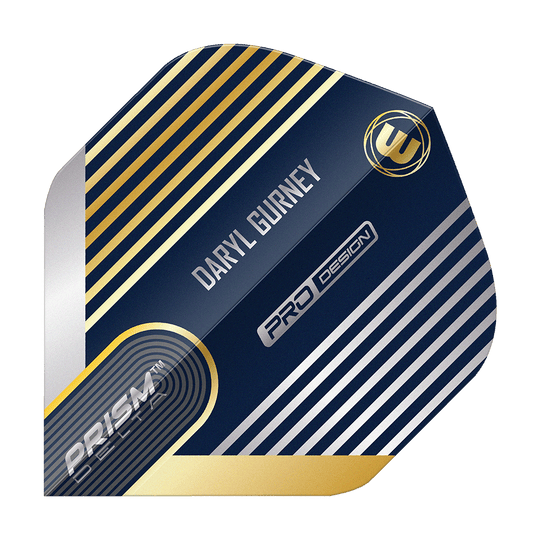 Voli standard Winmau Prism Delta Daryl Gurney No2 Das Bild zeigt ein Winmau Prism Delta Daryl Gurney No2 Standard Dart Flight. Das Design ist überwiegend dunkelblau mit silbernen und goldenen Streifen und enthält den Namen "Daryl Gurney".