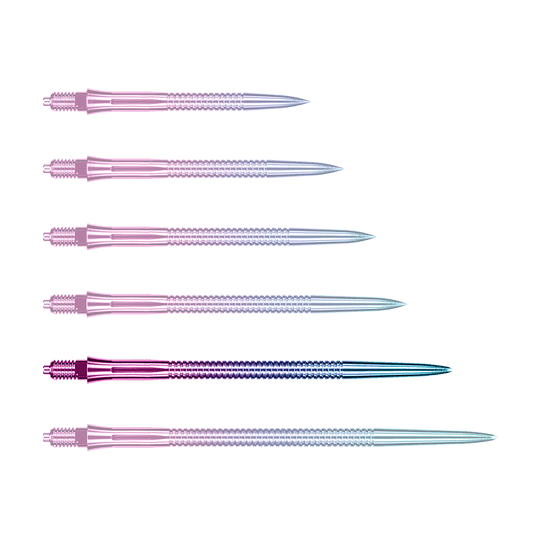 Caliburn EZ-EVO dart tips - Grooved - Rainbow Dargestellt ist eine einzelne Caliburn EZ-EVO Dartspitze in 45 mm Länge und grooved Rainbow-Design. Die Spitze leuchtet in Regenbogenfarben und hat ein geriffeltes Muster.
