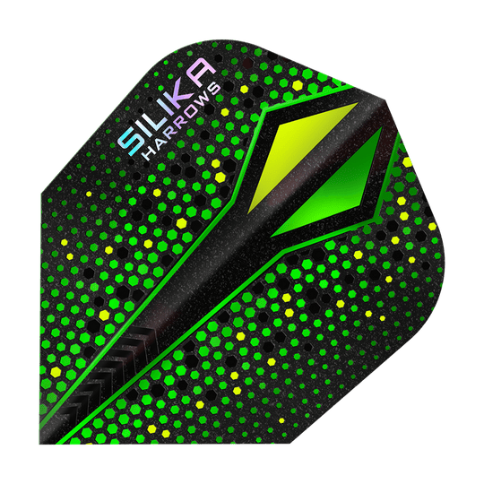 Harrows Silika Colorshift Tough Crystalline Coating Green-X No6 Flights Das Bild zeigt ein Dart Flight mit dem Namen „Harrows Silika Colourshift Tough Crystalline Coating Green-X No6“. Es hat ein auffälliges Design mit grünen und gelben Hexagon-Mustern auf schwarzem Hintergrund.