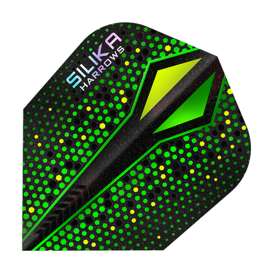 Harrows Silika Colorshift Tough Crystalline Coating Green-X No6 Flights Abgebildet ist ein Flight der Harrows Silika Colourshift Tough Crystalline Coating Green-X No6 Flights. Es sind verschiedene Designelemente zu erkennen.