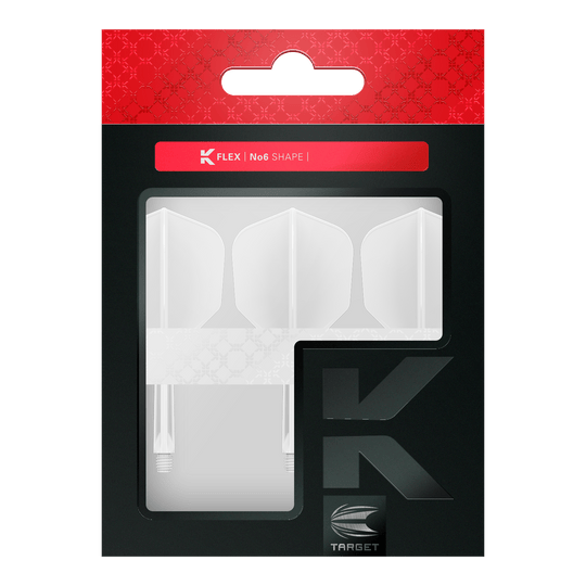 Target K-Flex No6 Flight-System - Weiß Die Abbildung zeigt eine Packung mit weißen Dartflights und -shafts der Marke Target. Die Verpackung ist in Schwarz und Rot gehalten und trägt die Aufschrift "K FLEX | No6 SHAPE".