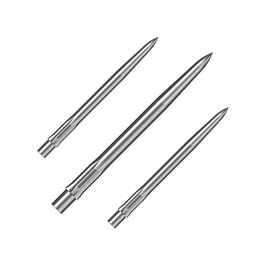 Auf dem Bild sind drei silberne, glatte Stahlspitzen für Dartpfeile zu sehen. Sie sind ordentlich nebeneinander angeordnet und haben eine Länge von 32 mm.