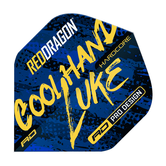 TF6864_Red_Dragon_Hardcore_Luke_Humphries_Signature_Blue_Standard_Flights_1 Das Bild zeigt das Produkt "Red Dragon Hardcore Luke Humphries Signature Blue Standard Flights". Die Flight ist blau mit gelber und weißer Schrift und auffälligem Design bedruckt.