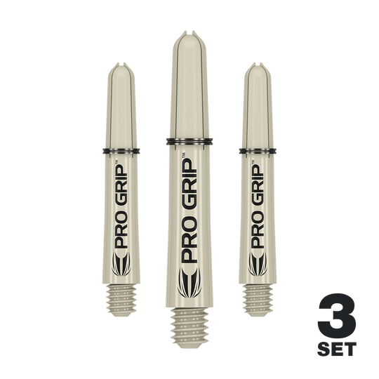 Target Pro Grip Shafts - 3 sady - Sand Das Bild zeigt drei sandfarbene "Pro Grip" Dartschäfte der Marke Target. Unten rechts steht "3 Set", was darauf hinweist, dass es sich um ein Set mit drei Schäften handelt.