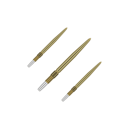 Target Swiss Point Gold Dartspitzen Eine Packung kurze Dartspitzen mit goldener Oberfläche liegt offen da. Die Spitzen sind gleichmäßig angeordnet.