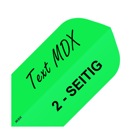 MD-453_2-Seitig_Bedruckte_Flights_Wunschtext_MDX_Gr-n_Slim_1 Das Bild zeigt ein grünes, längliches Dartflight mit schwarzer Aufschrift. Darauf steht "Text MDX" und "2 - SEITIG".