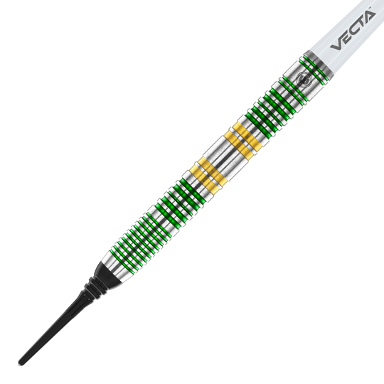Dardos blandos Winmau Xenon - 20 g Das Bild zeigt einen Winmau Xenon Softdart mit einem Gewicht von 20 Gramm. Der Dartpfeil hat silberne, grüne und goldene Ringe und eine schwarze Spitze.