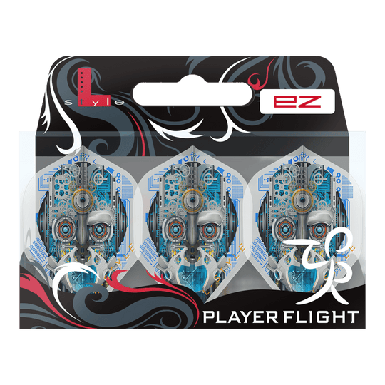 Letenky Berry Van Peer V3 Clear White L1EZ ve stylu L Das Bild zeigt eine Verpackung mit drei weißen Dart-Flights namens "L-Style Berry Van Peer V3 Clear White L1EZ". Die Flights haben ein futuristisches Design mit einem Roboter-Gesicht auf jedem Flight.