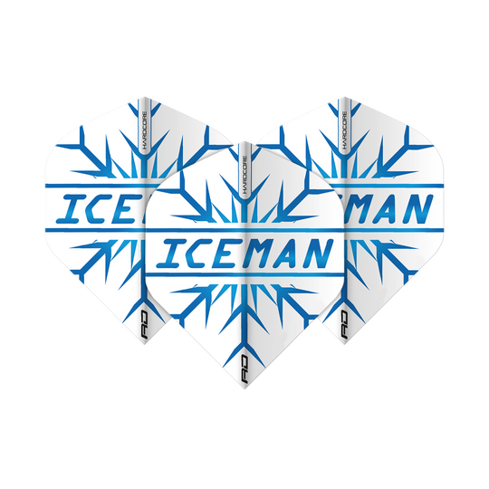 TF6421_RedDragon_Hardcore_Gerwyn_Price_Iceman_Standard_Flights_1 Das Bild zeigt drei Dartflights mit dem Aufdruck "ICEMAN" in blauer Schrift auf weißem Hintergrund. Im Hintergrund sind blaue Eiskristall-Muster zu sehen, und oben steht "HARDCORE".