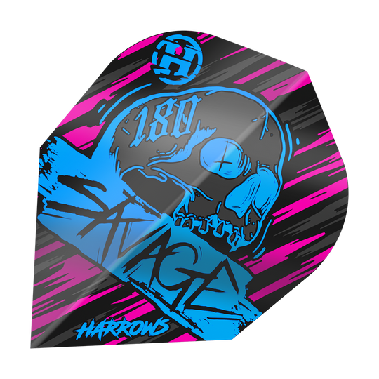 Voli Savage Aqua Pink No6 di Harrow Das Bild zeigt das Produkt "Harrows Savage Aqua Pink No6 Flights" mit einem auffälligen Design in Blau, Pink und Schwarz. In der Mitte ist ein Totenkopf und der Schriftzug "Savage" zu sehen.