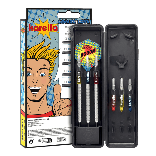 Dardos de acero Karella Comic Line CL-1 - 22 g Hier sehen Sie den Karella Comic Line CL-1 Steeldarts - 22g. Das Foto präsentiert Details des Dartpfeils.