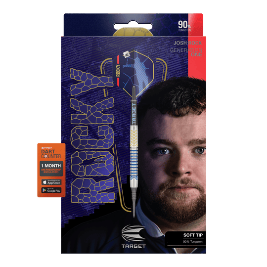 Měkké šipky Target Josh Rock GEN1 - 20g Die Abbildung zeigt die Softdarts "Target Josh Rock GEN1" mit einem Gewicht von 20g. Auf der Verpackung ist ein Porträt eines Mannes sowie die Angabe "90% Tungsten" und "SOFT TIP" zu sehen.