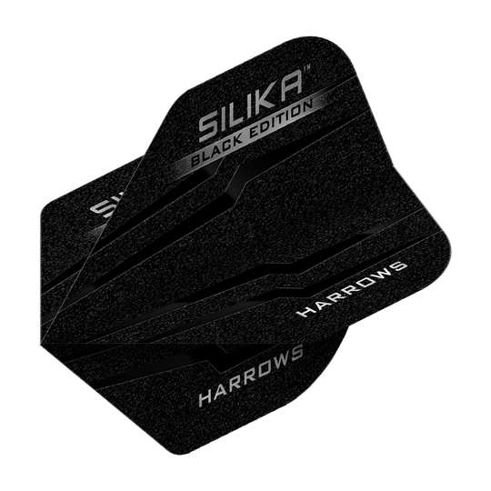 Voli standard Harrows Silika Black Edition No2 Das Bild zeigt die Harrows Silika Black-Edition No2 Standard Flights. Die Flights sind schwarz mit silbernen Akzenten und dem Aufdruck "Harrows" sowie "Silika Black Edition".