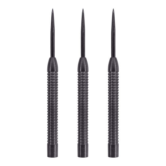 Barriles de dardos de acero McDart Phantom Das Bild zeigt drei McDart Phantom Steeldart-Barrels nebeneinander. Die Barrels sind schwarz und haben eine geriffelte Oberfläche für besseren Halt.