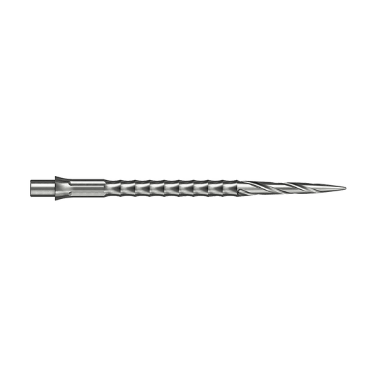 Die Abbildung zeigt ein silbernes Steeldartspitze aus dem Caliburn Evo System. Die Spitze hat ein Spiro NoLip Design und eine Länge von 40 mm.