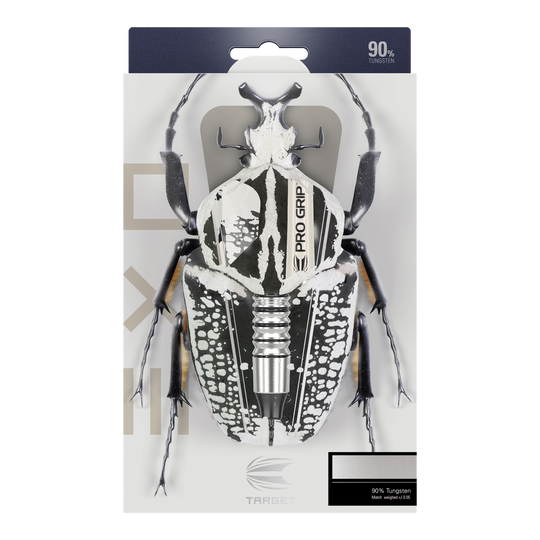 Freccette morbide Target EXO 11 Auf der Verpackung der "Target EXO 11 Softdarts" ist ein Käfer abgebildet, dessen Körper mit den Dartpfeilen kombiniert wurde. Oben steht "90% Tungsten", was auf das Material der Darts hinweist.