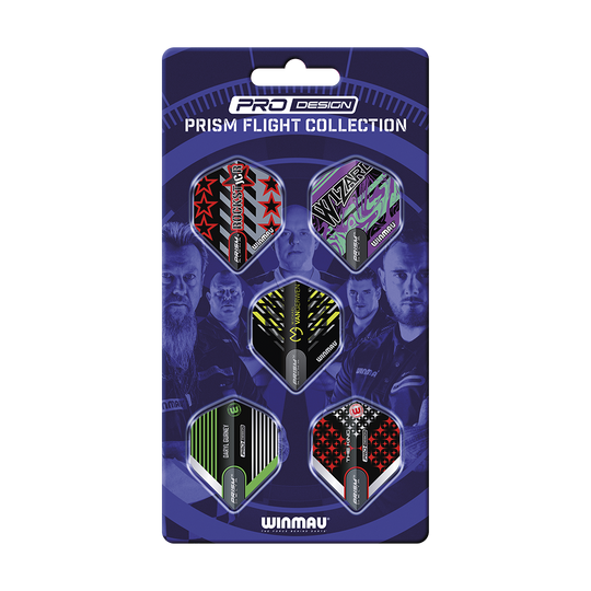 8140_Winmau_Players_Pro_Design_Prism_Flight_Collection_1 Das Bild zeigt die "Winmau Players Pro Design Prism Flights Collection". Auf der Verpackung sind fünf verschiedenfarbige Dart-Flights in einem ansprechenden Design zu sehen.