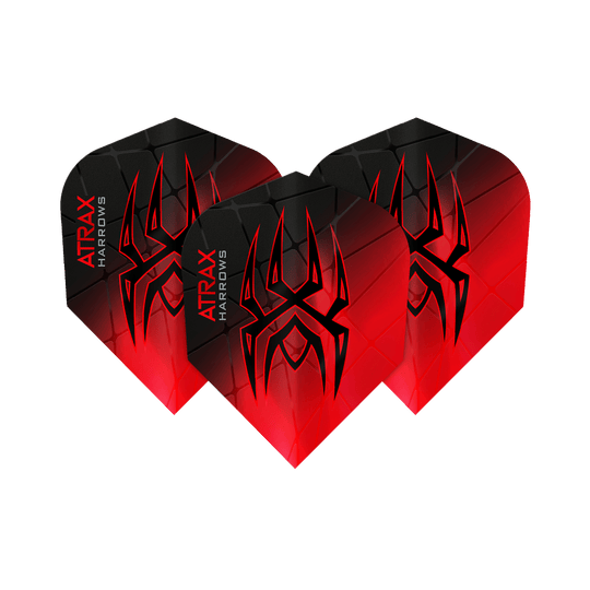 Voli Atrax Prime No6 di Harrow Das Bild zeigt drei Harrows Atrax Prime No6 Flights in Schwarz und Rot mit einem markanten Spinnennetz-Design. Auf jedem Flight steht der Name "Atrax Harrows" an der Seite.