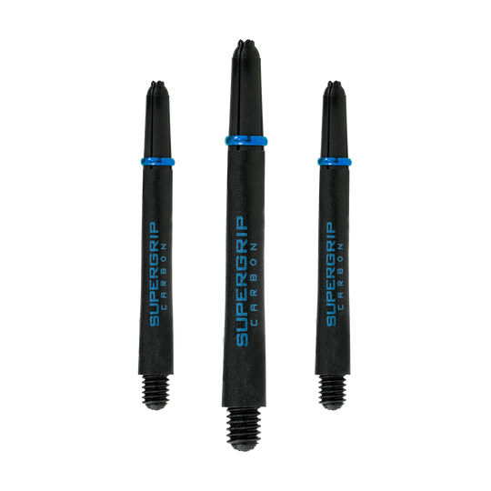 HR365_Harrows_Supergrip_Carbon_Shafts_Aqua_47mm_1h3v7kLjrtvigE Das Bild zeigt drei Harrows Supergrip Carbon Shafts in der Farbe Aqua. Die Dartschäfte sind schwarz mit blauen Akzenten und der Aufschrift "SUPERGRIP CARBON".