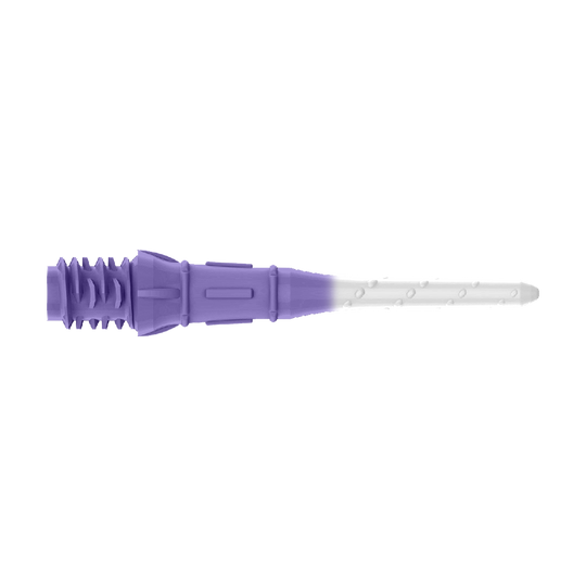 L-Style Premium Two Tone Lippoints (Pack of 30) Das Bild zeigt eine zweifarbige Dartspitze in Lila und Weiß. Der vordere Teil ist weiß, während der hintere Teil lila ist.