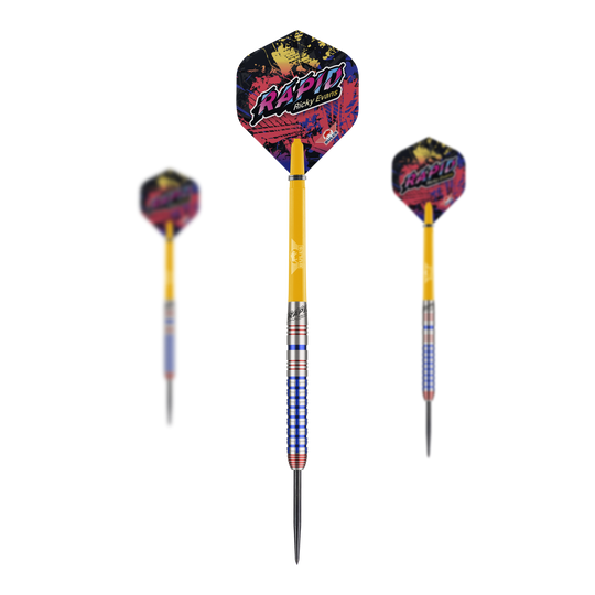 Dardos de acero Rapid Edition One de Ricky Evans de la Liga Nacional Bulls Das Bild zeigt drei Steeldarts des Modells "Bulls NL Ricky Evans Rapid Edition One". Die Darts haben bunte Flights mit dem Schriftzug "Rapid" und einen auffälligen gelb-blauen Schaft.